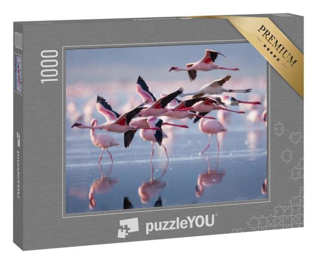 Puzzle 1000 Teile „Gruppe von fliegenden Flamingos“