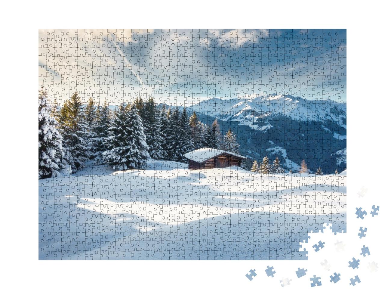 Puzzle 1000 Teile „Berghütte im Winterwunderland“