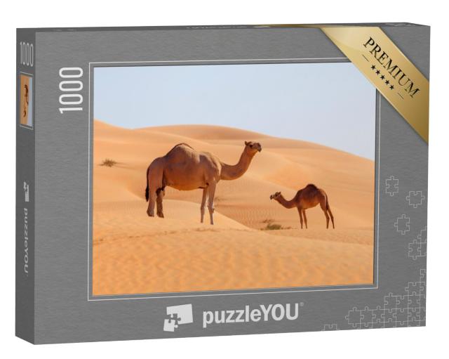 Puzzel 1000 stukjes „Kamelenmoeder met jong in een woestijn in het Midden-Oosten“