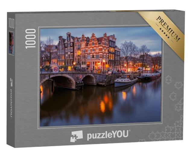 Puzzel 1000 stukjes „Amsterdamse grachten, tijdens zonsondergang op een winteravond“