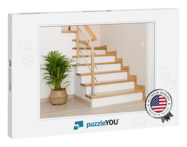 Modern Natural Ash Tree Wooden Stairs in New House Interi... Jigsaw Puzzle