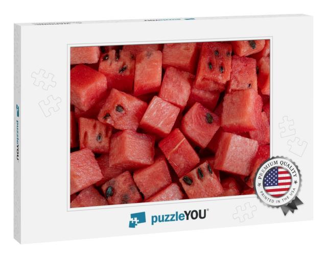 Pile of Seeded Watermelon Cubes, Fresh Fruit Background... Jigsaw Puzzle