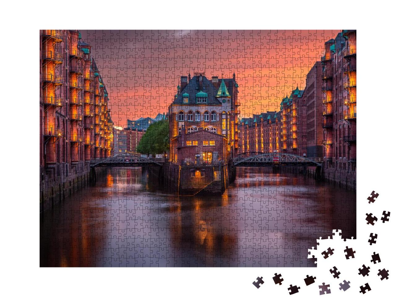 Puzzle 1000 Teile „Abend über der Speicherstadt in Hamburg, Deutschland“