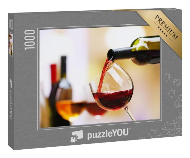 Puzzle 1000 Teile „Rotwein fließt in ein Weinglas, Nahaufnahme, unscharfer Hintergrund“