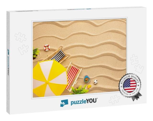 Summer Beach Concept. Sun Loungers, Sun Umbrella & Beach... Jigsaw Puzzle