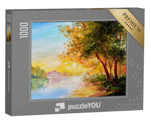 Puzzel 1000 stukjes „Olieverfschilderij: Oude bomen bij de rivier“