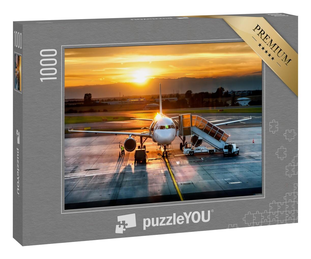 Puzzle 1000 Teile „Passagierflugzeug auf der Landebahn im Sonnenuntergang“