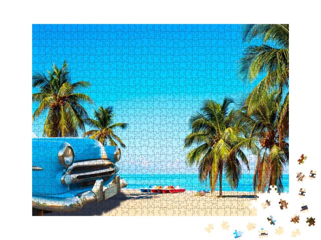 Puzzle 1000 Teile „Tropischer Strand bei Varadero in Kuba mit Oldtimer“