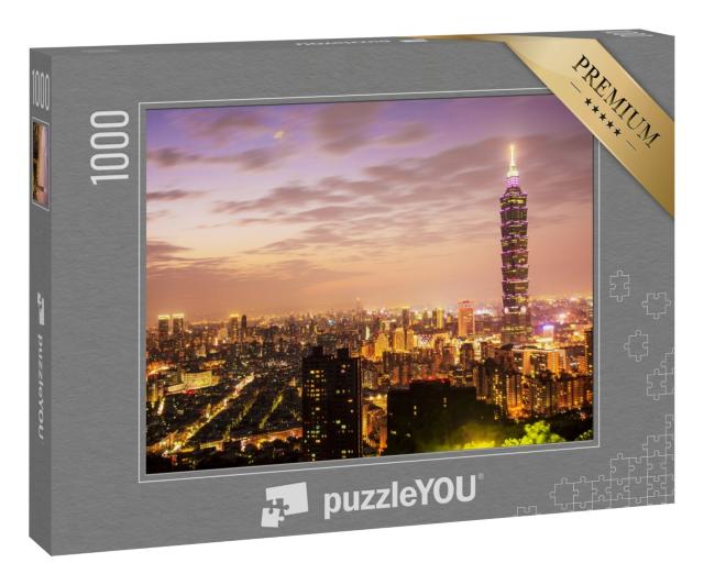Puzzle 1000 Teile „Skyline von Taipeh bei Sonnenuntergang mit dem berühmten Taipei 101“