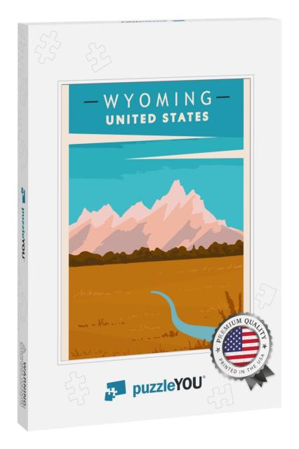 Wyoming Retro Poster. USA Travel Illustration. United Stat... Jigsaw Puzzle