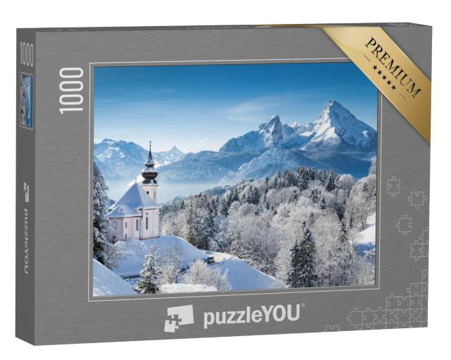 Puzzel 1000 stukjes „Bedevaartskerk en Watzmann piek in de winter, Berchtesgadener Land, Duitsland“