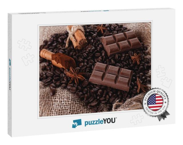 Chocolate, Coffee Beans, Anise on Wooden Background... Jigsaw Puzzle