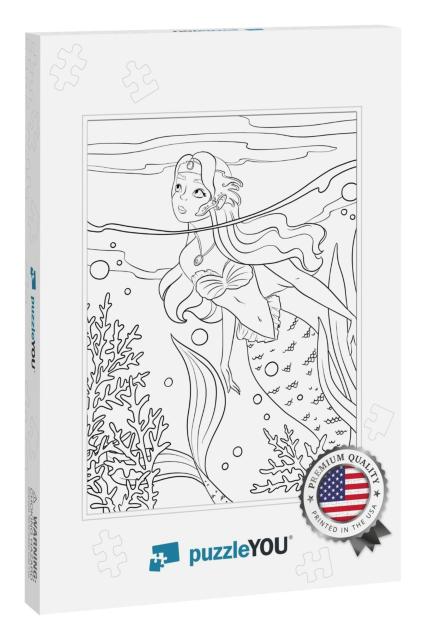 Coloring Pages with Mermaid. Line Art Design for Adults o... Jigsaw Puzzle