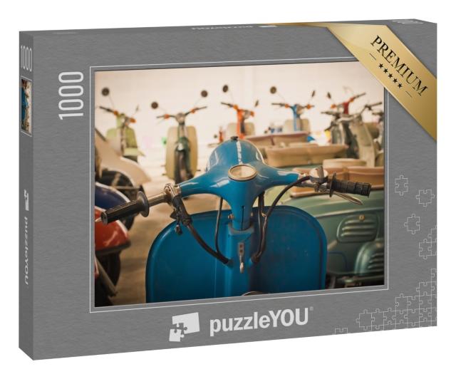 Puzzle 1000 Teile „Klassisches altes blaues Moped, viele Mopeds in unterschiedlichen Farben“