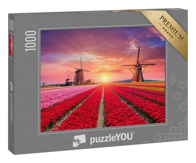 Puzzle 1000 Teile „Farbenprächtige Tulpenfelder mit Windmühlen, Niederlande“