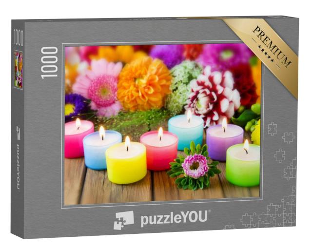 Puzzel 1000 stukjes „Zeven kleurrijke kaarsen en een boeket bloemen“