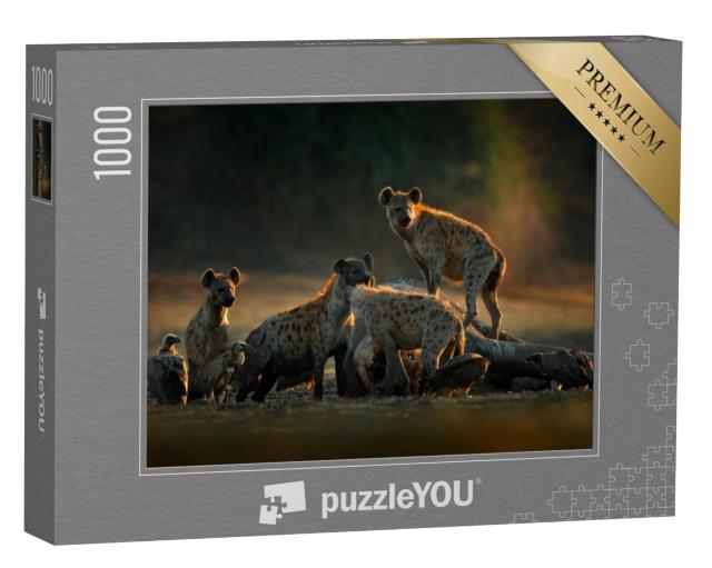 Puzzel 1000 stukjes „Hyena's en gieren bij het olifantenkarkas, Zimbabwe“