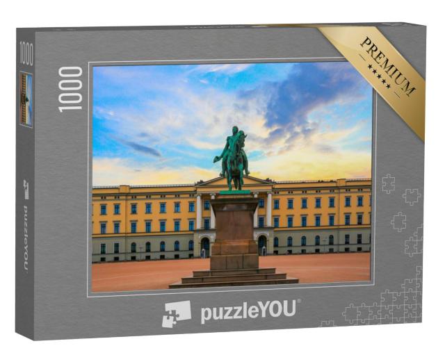 Puzzel 1000 stukjes „Koninklijk Paleis en standbeeld van Koning Karl Johan bij zonsondergang, Oslo“