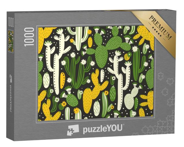 Puzzel 1000 stukjes „Illustratie: Groene, witte en gele cactussen“