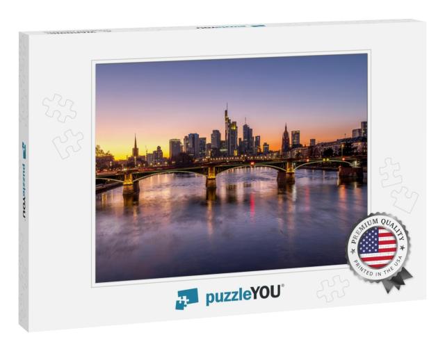 The Skyline of Frankfurt At Sunset, Seen from a Bridge At... Jigsaw Puzzle