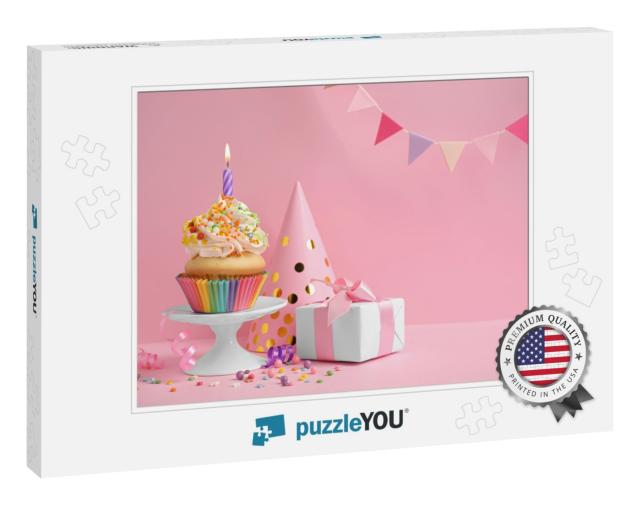 Composition with Birthday Cupcake on Pink Background... Jigsaw Puzzle