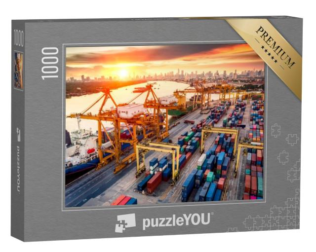 Puzzel 1000 stukjes „Kraanbruggen in de containerhaven bij zonsopgang“