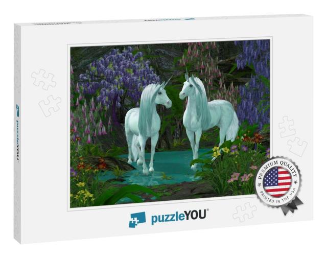 Two Unicorns in Forest 3D Illustration - a Mare & Stallio... Jigsaw Puzzle