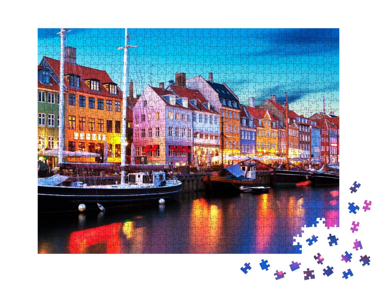 Puzzle 1000 Teile „Abendpanorama am Pier von Nyhavn, Kopenhagen, Dänemark“