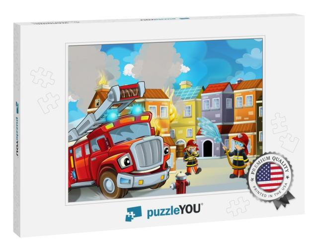 Cartoon Stage with Fireman & Fire Truck Near Burning Buil... Jigsaw Puzzle