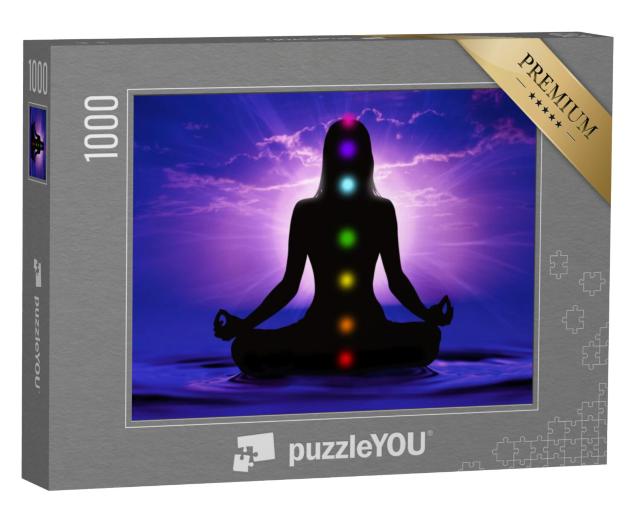 Puzzel 1000 stukjes „Silhouet van een vrouw die yoga doet en zeven chakrapunten heeft bereikt“