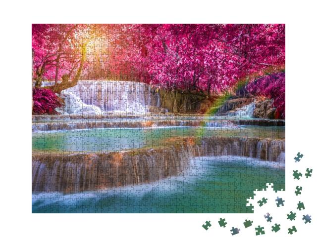 Puzzle 1000 Teile „Atemberaubende Landschaft der Tat Kuang Si Wasserfälle, Luang Prabang, Laos“