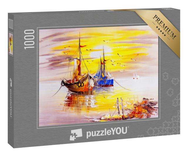 Puzzle 1000 Teile „Ölgemälde: Zwei Fischerboote im Sonnenuntergang“
