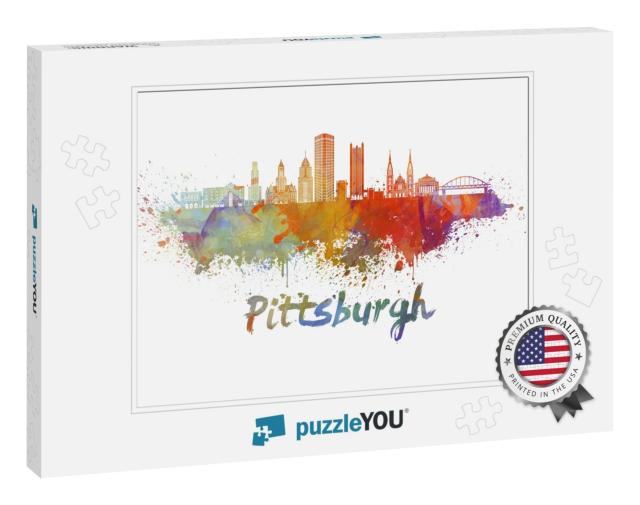 Pittsburgh V2 Skyline in Watercolor Splatters with Clippi... Jigsaw Puzzle