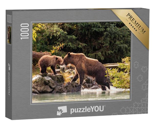 Puzzel 1000 stukjes „Moederbeer aan het vissen met haar welpen, Alaska“