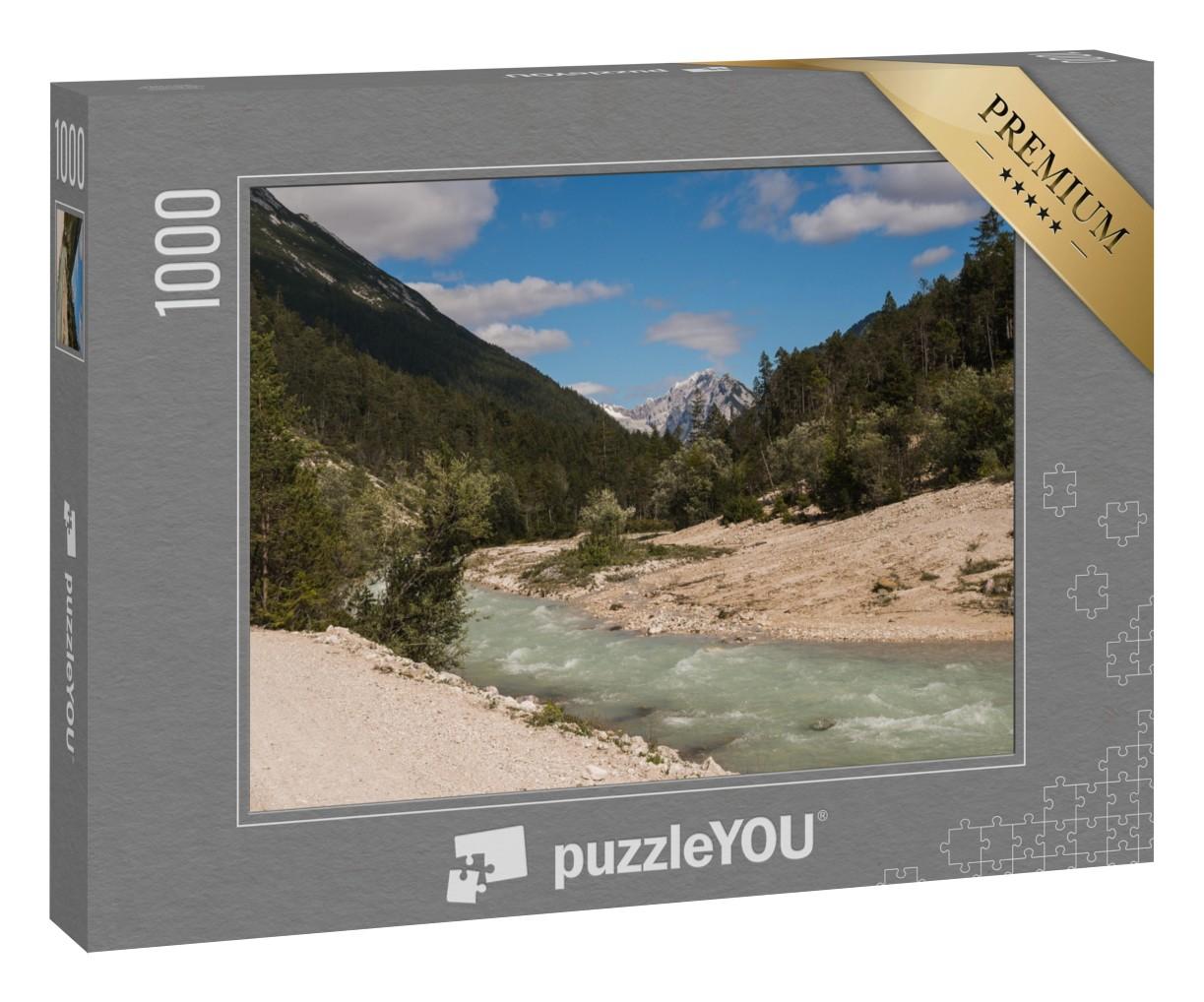Puzzle 1000 Teile „Blick auf die Isar in der Nähe des Dorfes Scharnitz, österreichische Alpen“