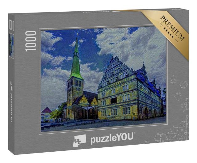 Puzzle 1000 Teile „im Kunst-Stil von van Gogh, Sternennacht - Marktkirche St. Nikolai und Hochzeitshaus in Hameln, Deutschland“