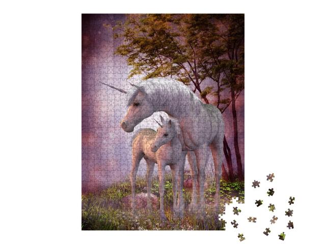 Puzzle 1000 Teile „Einhornstute und Fohlen, magischer Wald“