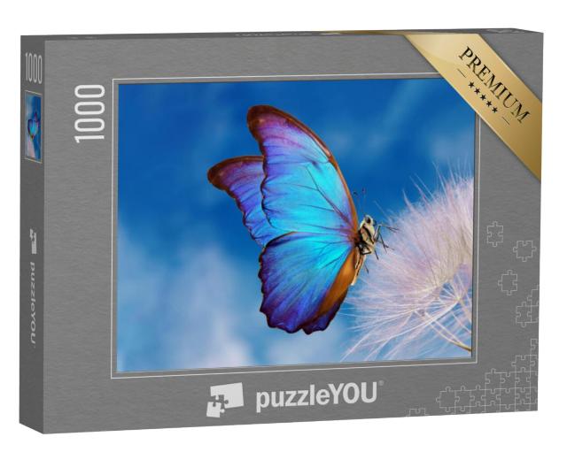 Puzzel 1000 stukjes „De blauwe morpho vlinder op een paardenbloem“