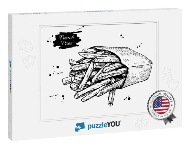 Vector Vintage French Fries Drawing. Hand Drawn Monochrom... Jigsaw Puzzle
