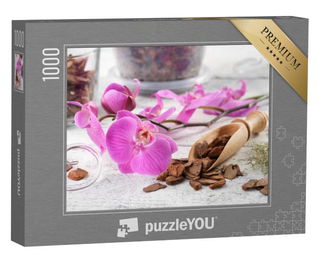 Puzzel 1000 stukjes „Prachtig arrangement, met een paarse orchidee in het midden“