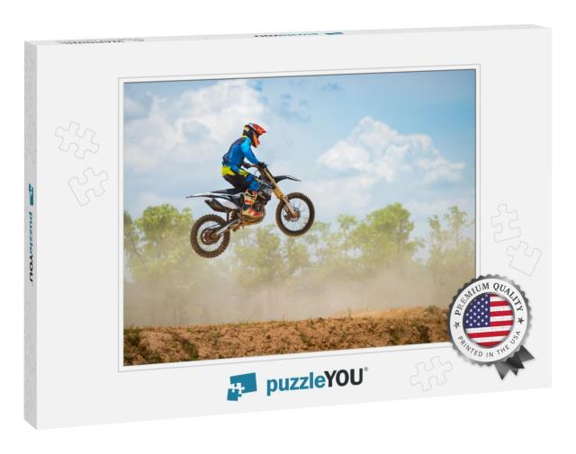 Motocross Rider Jump in a Blue Sky with Clouds. Enduro Bi... Jigsaw Puzzle