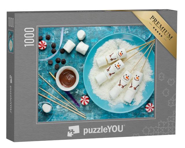 Puzzel 1000 stukjes „Kerstmis voedselkunst: schattige sneeuwpoppen gemaakt van marshmallow“