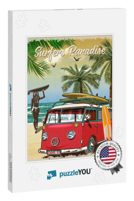 Surf Poster with Retro Bus & Girl Carrying Surfboard... Jigsaw Puzzle