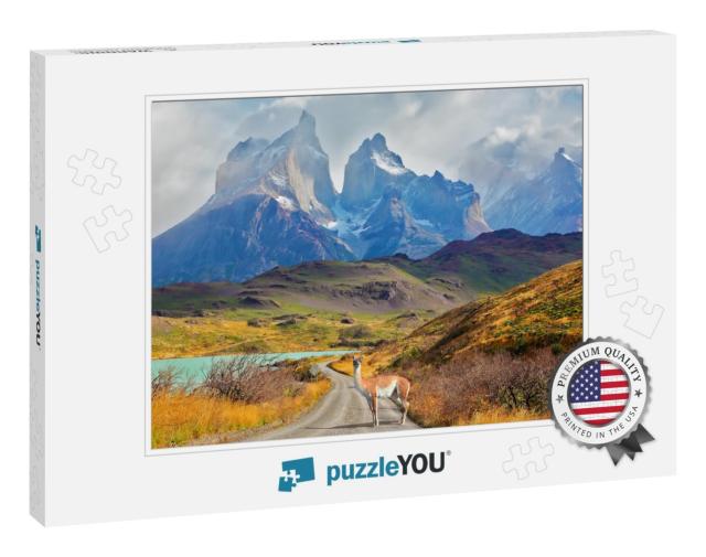Majestic Peaks of Los Kuernos Over Lake Pehoe. on a Dirt... Jigsaw Puzzle