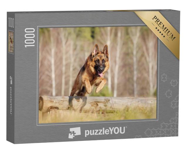 Puzzel 1000 stukjes „Duitse herdershond springt over een boomstam“