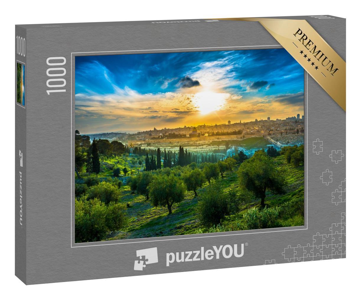 Puzzle 1000 Teile „Stimmungsvoller Sonnenuntergang über Altstadt und Ölberg von Jerusalem, Israel“
