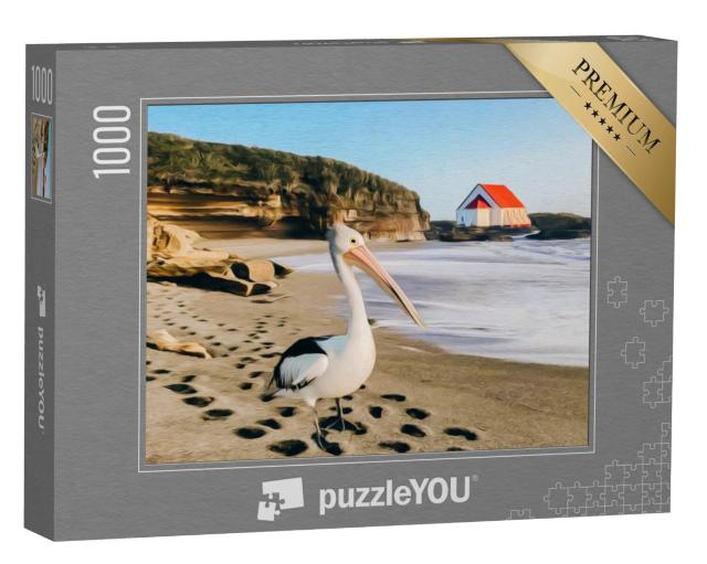 Puzzel 1000 stukjes „Een pelikaan op het strand“