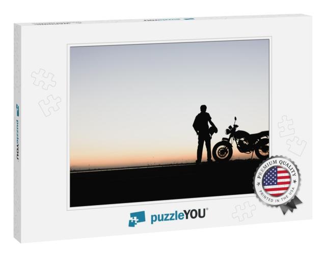 Biker Man & Motorcycle, Young Man Rider Trendy Motorbike... Jigsaw Puzzle