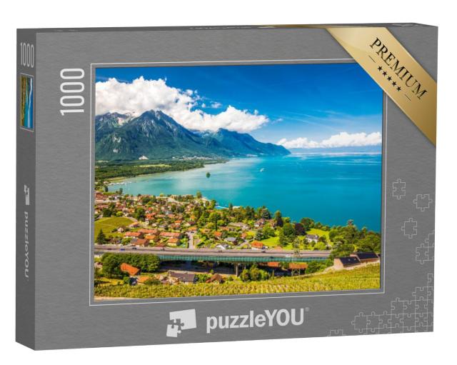 Puzzel 1000 stukjes „Panoramisch uitzicht op Villeneuve aan het meer van Genève, Zwitserland“