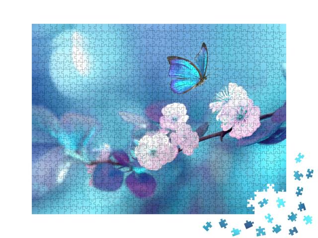 Puzzle 1000 Teile „Schöner blauer Schmetterling im Flug über einen blühenden Aprikosenzweig“